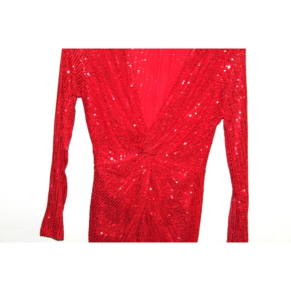 Womens Red Sequin Mini Long Sleeve V Neck Lined Twisted Waist Full Zip Size Sm - Picture 3 of 7